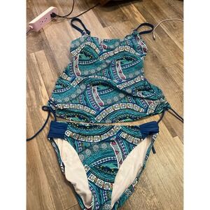 Beach Diva Womens Tankini Two Piece Tribal‎ Geometric Print Blue Teal Size 14